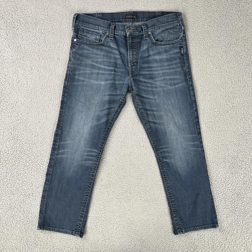 Silver Jeans Co Eddie Jeans Men 36x27* Blue Straight Leg Stretch Faded Whiskered